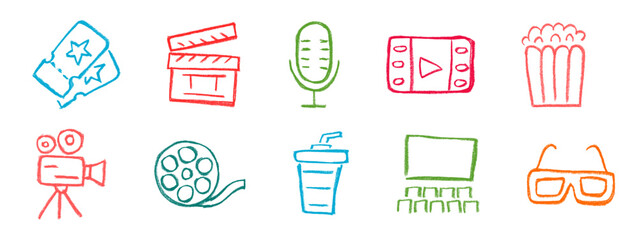 Wall Mural - cinema related icon crayon chalk drawing vector set
