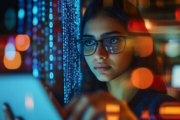 Female IT worker holding a tablet with code on the screen while standing in front of a digital display showing coding data, a software development concept