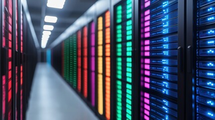 ERP software and inventory, A modern data center corridor lined with server racks, illuminated by colorful LED lights, showcasing advanced technology in a sleek environment.