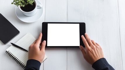 a person's hands holding a black tablet displaying a black white screen