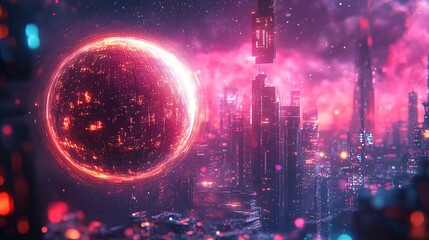 Wall Mural - a neon pixelated planet floating in cyberspace