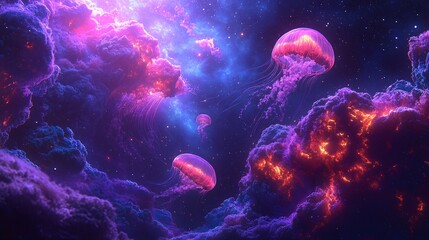 Wall Mural - a neon cosmic jellyfish floating through the void