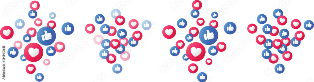 Thumbs up and hearts emoji icons floating on transparent background ...