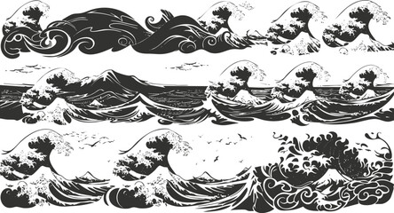 Wall Mural - Japanese wave patterns with mountain and flying birds in black and white design