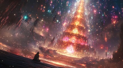 Wall Mural - Cosmic meditation with glowing chakras, surrounded by stars and surreal religious energy 