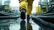 © black - Worker on a wet industrial floor