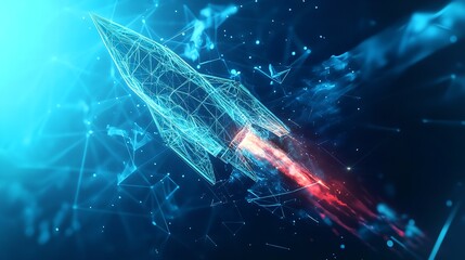 Wall Mural - wireframe rocket launching with red flames and blue network background