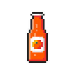 Pixel orange juice in glass bottle isolated on transparent background. Pixelated badge, game asset or computer arcade item. Fresh juice icon. Vector pixel art illustration in 16 bit old style.