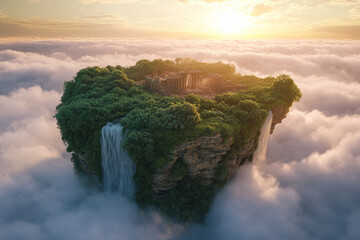 Wall Mural - a breathtaking 3d background of a floating island with lush greenery, cascading waterfalls, and anci