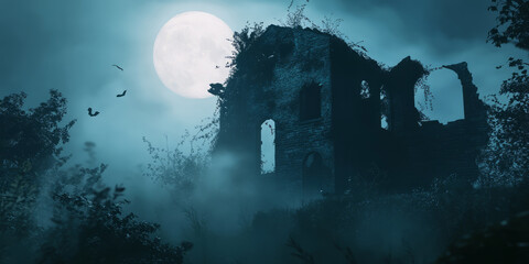 Wall Mural - A dark fantasy 3D background of an eerie haunted mansion surrounded by thick, unnatural fog. The dilapidated structure looms with shattered windows and overgrown ivy, while ghostly figures flicker in
