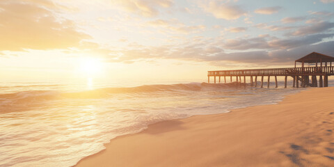 Wall Mural - a serene 3d background of a tranquil beach at sunrise, with golden sand stretching into the horizon.