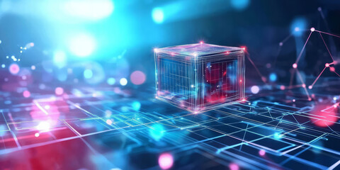 A high-tech 3D background featuring a transparent data cube floating above a glowing digital grid. The holographic elements, including encrypted code and futuristic graphs, highlight the theme of