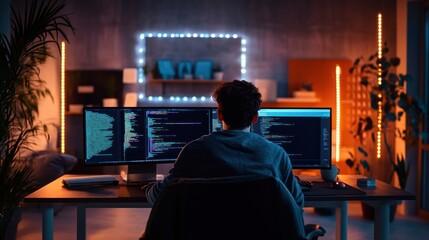 Focused programmer immersed in coding with dual monitors at his workspace