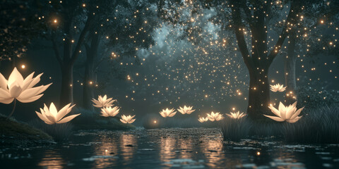 Wall Mural - a mystical 3d background of an enchanted glade with floating, glowing lotus flowers. the air shimmer