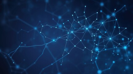 Abstract network connections with blue lines and dots on a dark blue gradient background view