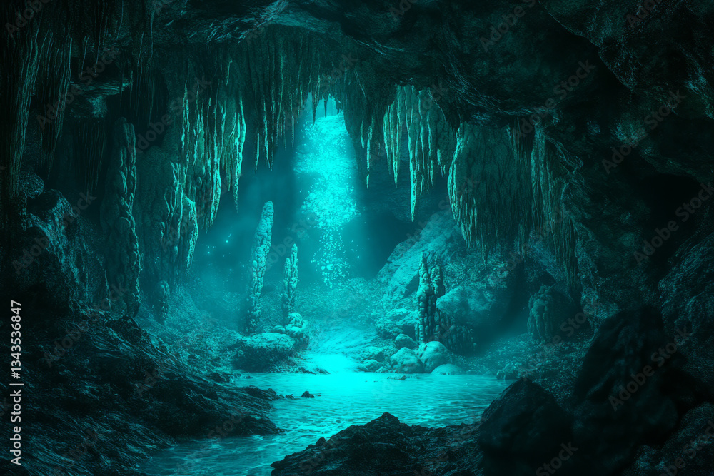 A mystical 3D background of an enchanted cave where bioluminescent ...