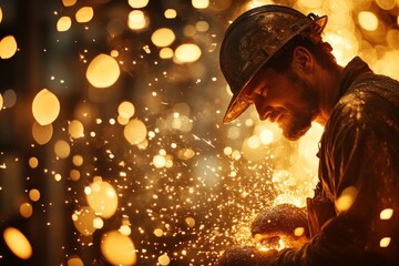 Aufkleber - Craftsman shapes metal in workshop creating sparks amidst warm golden light
