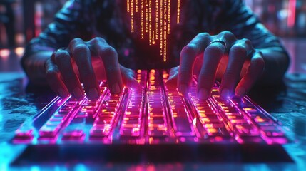 Hacker and cyberattack prevention concept. Futuristic hands typing on a glowing keyboard with digital effects