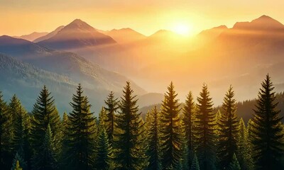 Wall Mural - Majestic Mountain Landscape at Sunrise with Lush Evergreen Forests and Warm Golden Light Illuminating the Scenic Wilderness
