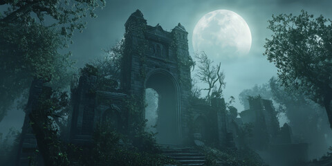 Wall Mural - A dark fantasy 3D background of an eerie haunted mansion surrounded by thick, unnatural fog. The dilapidated structure looms with shattered windows and overgrown ivy, while ghostly figures flicker in