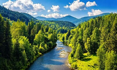 Wall Mural - Scenic River Flowing Through Lush Green Forest Under Clear Blue Sky with Fluffy Clouds and Majestic Mountains in Background