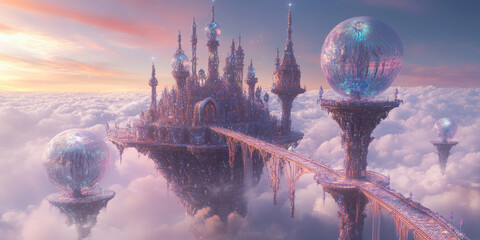 Wall Mural - a dreamy 3d background of a floating crystal palace, suspended high above the clouds. the palace shi