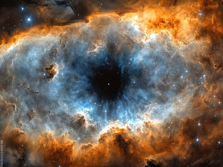 enigmatic nebula with dark central void, surrounded by vivid cosmic clouds in orange and blue, depic