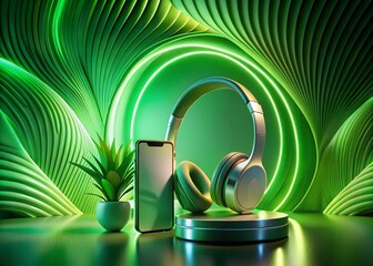 Wall Mural - abstract green neon wave lines, modern background, digital art, futuristic design, trendy wallpaper