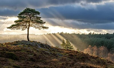 Wall Mural - Serene landscape with a lone tree on rocky ground illuminated by sunlight rays breaking through clouds in a tranquil forest setting