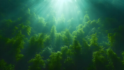  Sunbeams illuminate underwater kelp forest, creating ethereal scene