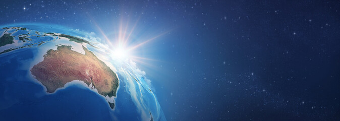 Wall Mural - sunrise on detailed satellite cartography of earth globe, australia oceania, deep space banner - ele
