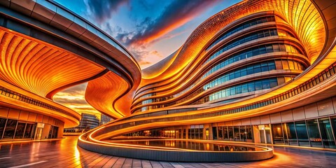 Wall Mural - abstract orange techno vortex architecture - futuristic building design