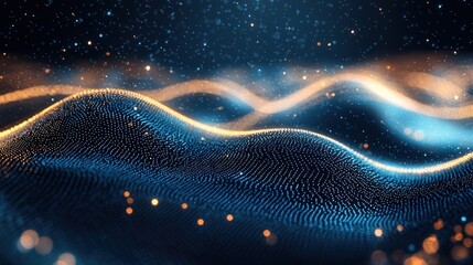 Abstract digital wavy particle formations creating dynamic futuristic designs in space