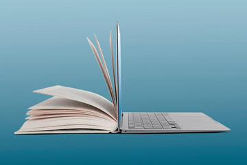 open book and laptop on light blue gradient background. e-learning, internet library, online webinar