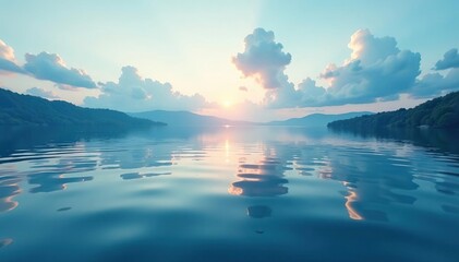 Wall Mural - Calm lake surface, ripple patterns reflecting sky, beauty, clouds