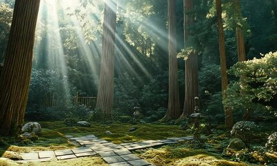 Wall Mural - Serene Forest Pathway with Sunlight Filtering Through Ancient Trees in an Enchanting Japanese Garden