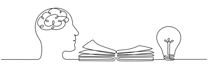Wall Mural - head with open book and lightbulb continuous line drawing. creative idea process concept. brainstorm