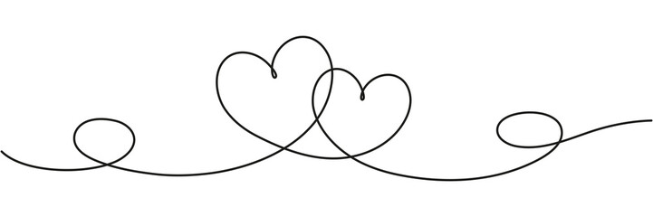 Wall Mural - Two hearts continuous line art drawing. Double heart wavy line. Love relationship concept. Vector hand drawn illustration isolated on white.