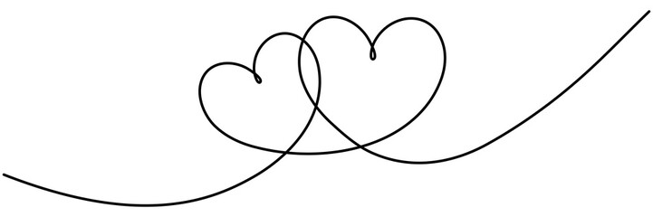 Wall Mural - Two hearts continuous line art drawing. Double heart wavy line. Love relationship concept. Vector hand drawn illustration isolated on white.