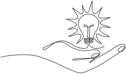 Wall Mural - lightbulb on hand continuous line drawing. electric lamp. brainstorm linear symbol. insight concept.