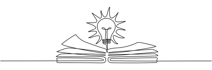 Wall Mural - lightbulb above open book continuous line art drawing. line idea symbol. wisdom concept. vector illu