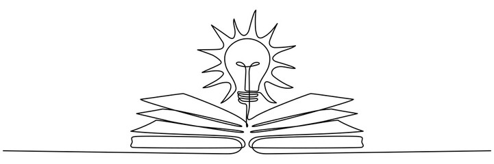 Wall Mural - lightbulb above open book continuous line art drawing. line idea symbol. wisdom concept. vector illu