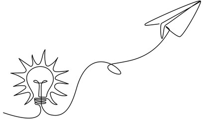 Wall Mural - light bulb with flying paper plane continuous line drawing. idea conceptual symbol. insight concept.