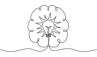 Wall Mural - light bulb inside human brain continuous line art drawing. creative idea and insight symbol. wisdom 