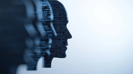 silhouettes of human profiles transform into digital code, symbolizing technology impact on identity