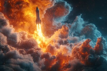 Aufkleber - Rocket launches into space amidst clouds of vibrant flames and smoke during a night sky display