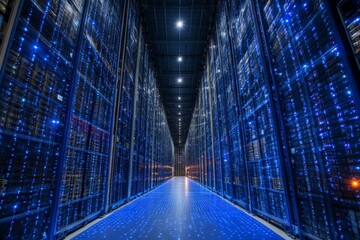 Poster - Advanced data center showcasing rows of servers illuminated by LED lights at nighttime
