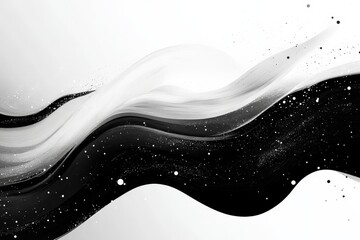 Aufkleber - Artistic black and white abstract waves with splatters and smooth curves creating a dynamic visual effect