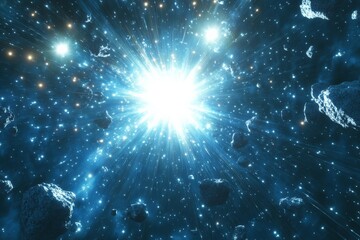 Poster - Bright stellar explosion lighting up the cosmos with asteroids in a vibrant blue universe