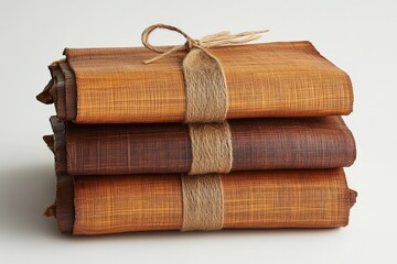 Poster - Textile bundles stacked neatly in warm autumn colors for decorative or crafting purposes in a minimalist setting